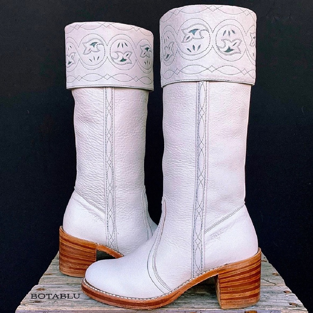 SOLD FRYE Vintage White Sabrina Campus Tooled Cuff Tall Knee High Western Boots - Picture 11 of 12
